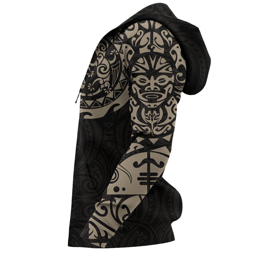 Maori Tattoo Hoodie, New Zealand Lizard Zip up Hoodie Tan - Polynesian Pride