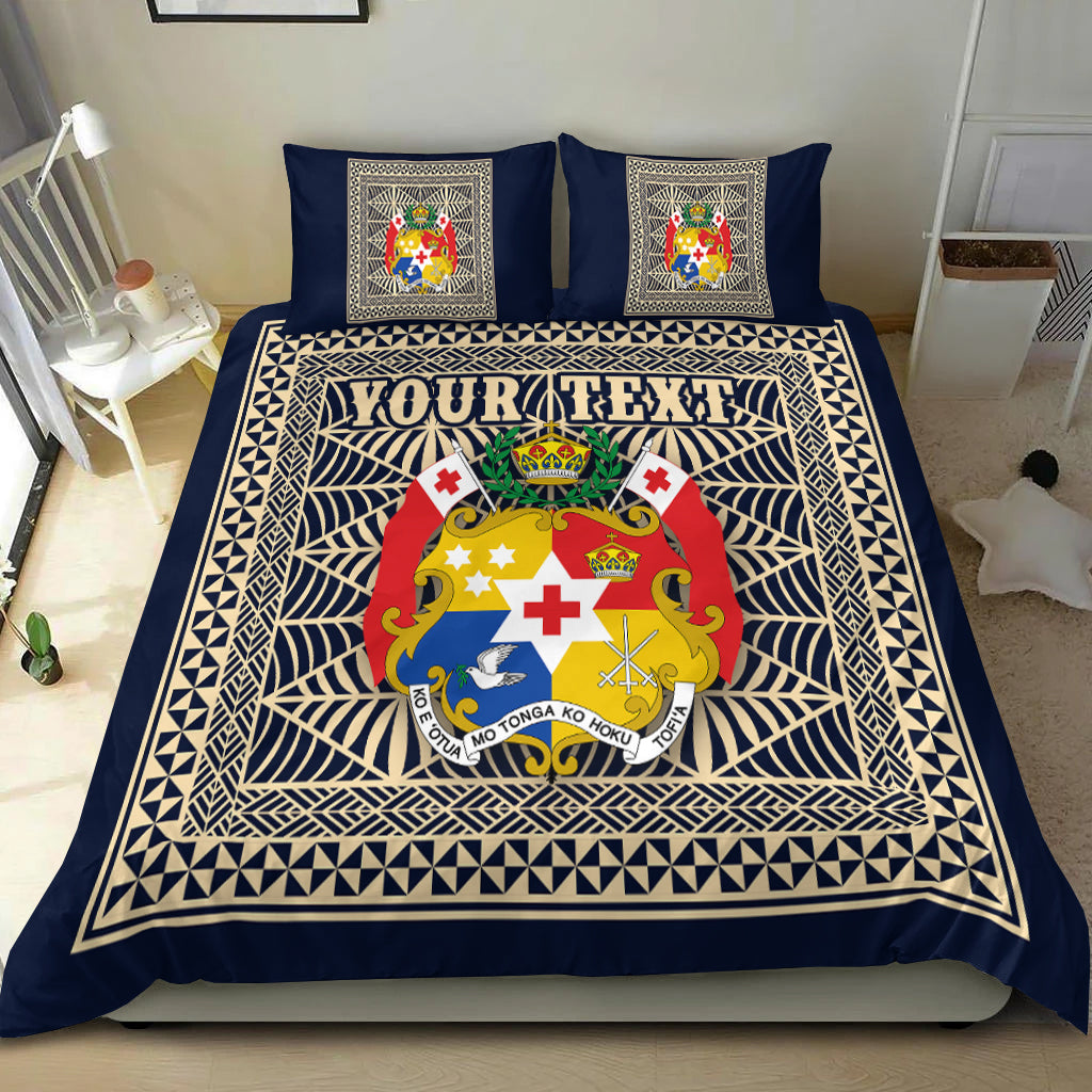 (Custom Personalised) Tonga Pattern Bedding Set Coat of Arms - Navy and Beige LT4 - Polynesian Pride