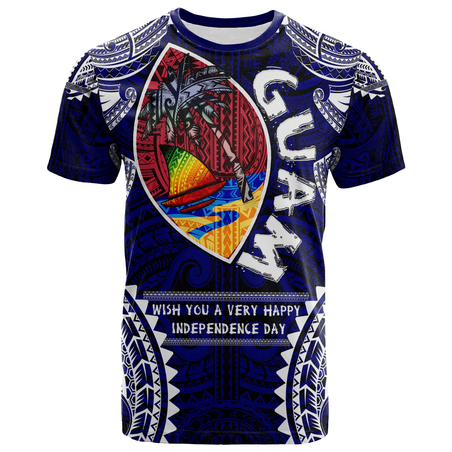 Guam T Shirt Custom Guam Independence Day Wish You A Very Happy Independence Day With Polynesian Patterns LT10 Navy - Polynesian Pride