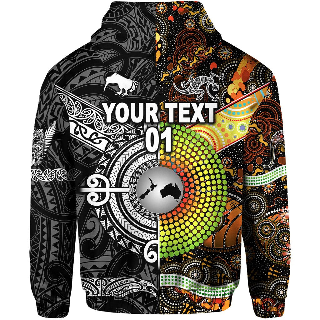 Custom New Zealand Australia Zip Hoodie for Kid Maori and Aboriginal Together Black, Custom Text and Number LT8 - Polynesian Pride