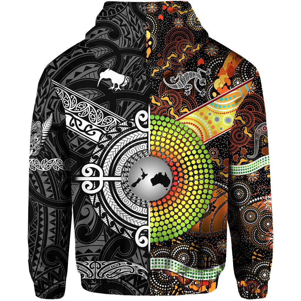Custom New Zealand Australia Zip Hoodie for Kid Maori and Aboriginal Together Black LT8 - Polynesian Pride