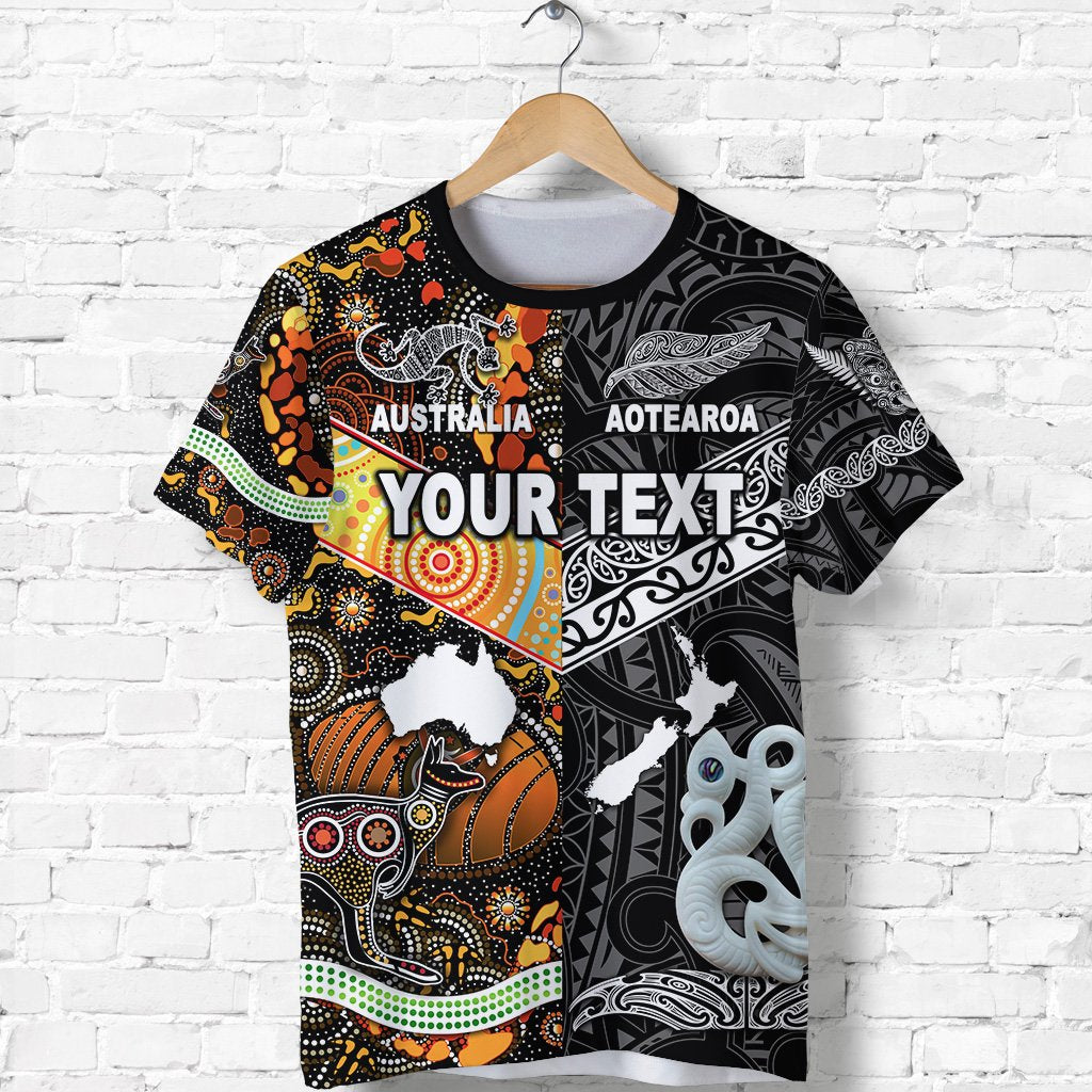 Custom New Zealand Maori Aotearoa and Australia Aboriginal T Shirt Together Black LT8 - Polynesian Pride