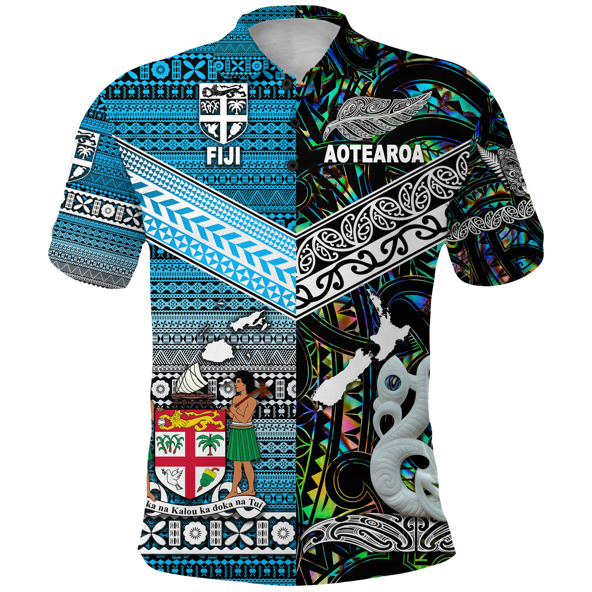New Zealand Fiji Polo Shirt Maori and Tapa Together Green LT8 - Polynesian Pride