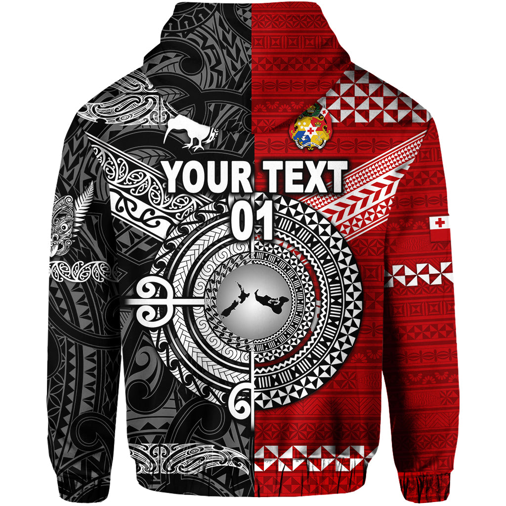 Custom New Zealand Tonga Zip Hoodie Maori and Polynesian Together Black, Custom Text and Number LT8 - Polynesian Pride