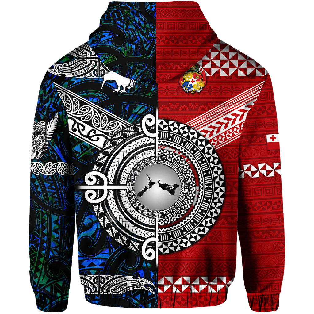 Custom New Zealand Tonga Zip Hoodie Maori and Polynesian Together Blue LT8 - Polynesian Pride