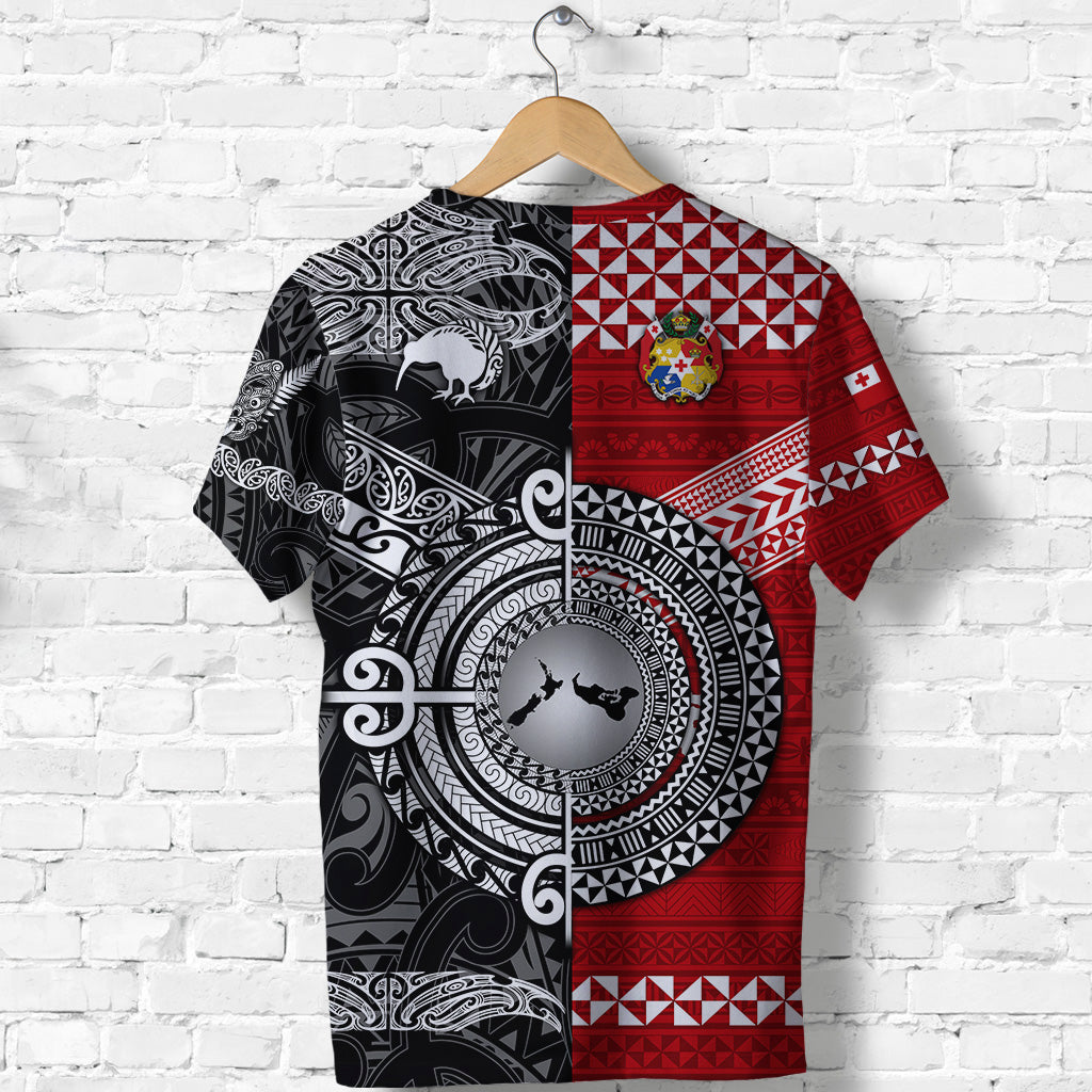 Custom New Zealand Maori Aotearoa Tonga Polynesian Together T Shirt Black LT8 - Polynesian Pride