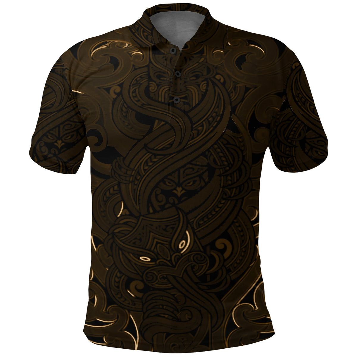 New Zealand Polo Shirt, Maori Gods Golf Shirt, Tumatauenga (God of War) Gold Black - Polynesian Pride