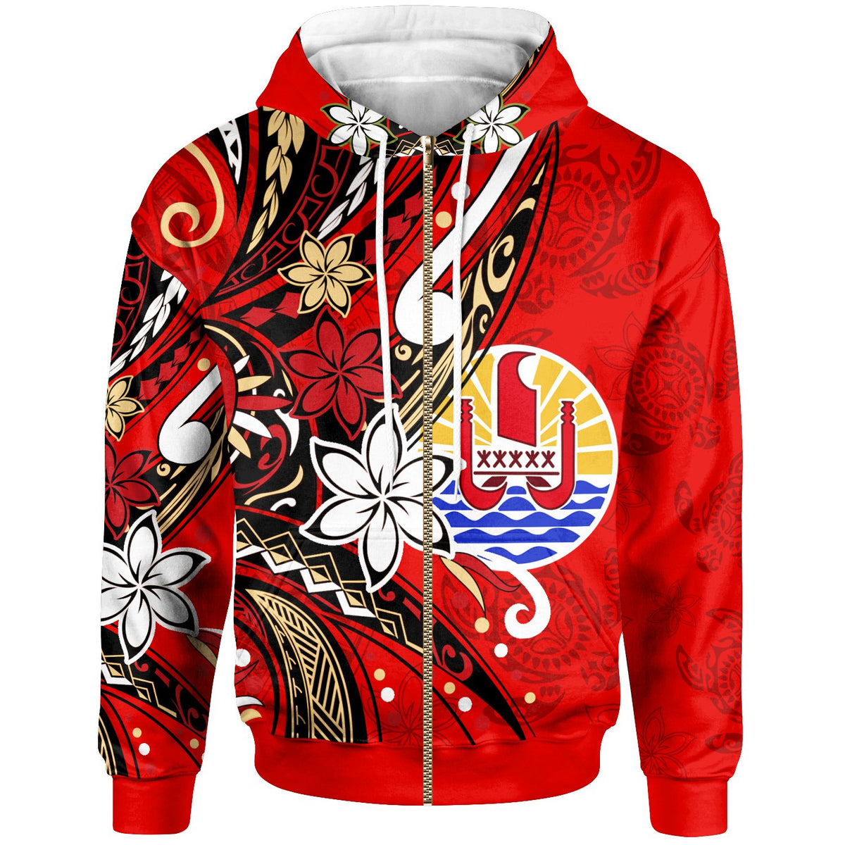 Tahiti Zip Hoodie Tribal Flower With Special Turtles Red Color Zip Hoodie Red - Polynesian Pride