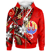 Tahiti Zip Hoodie Tribal Flower With Special Turtles Red Color Zip Hoodie Red - Polynesian Pride