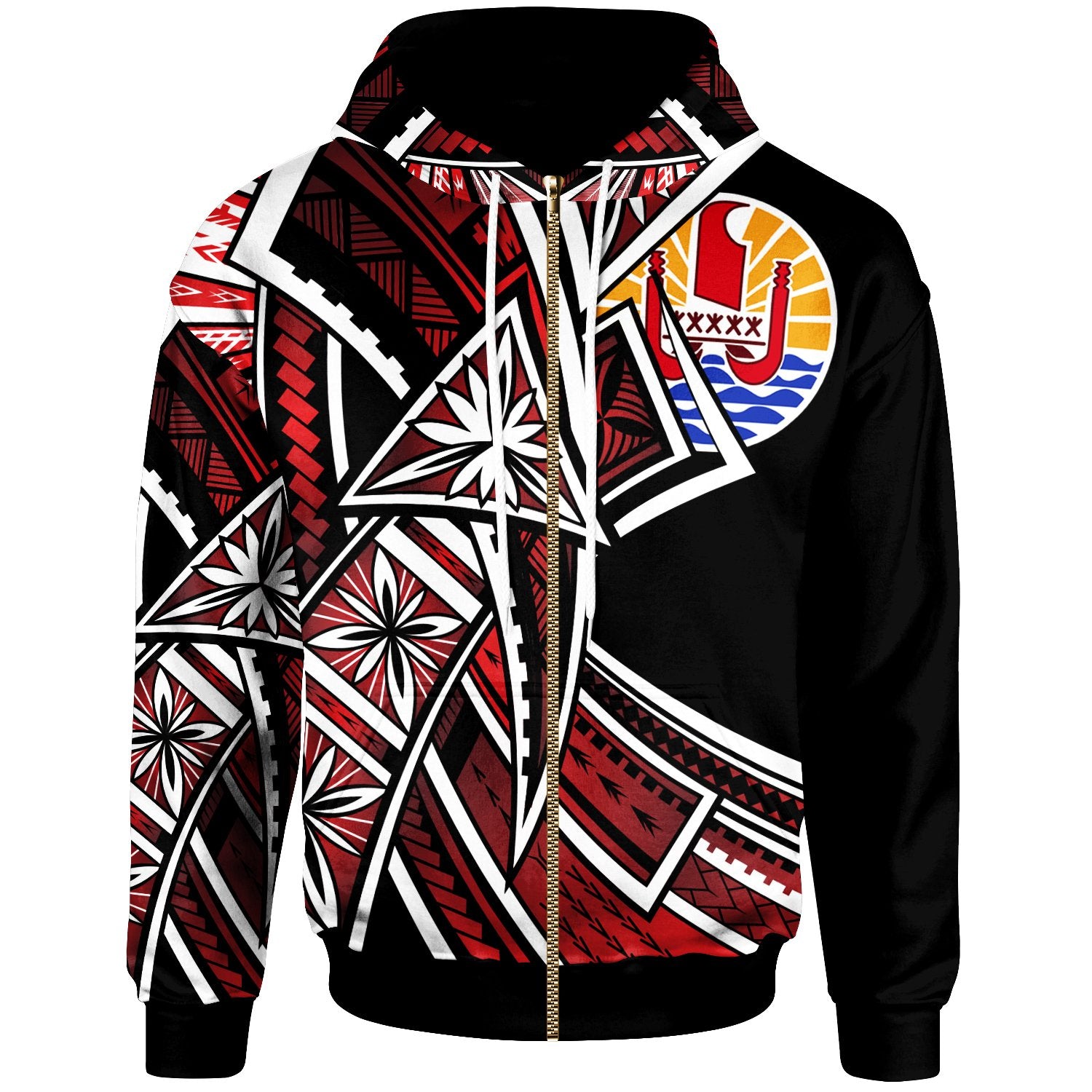 Tahiti Zip Hoodie Tribal Flower Special Pattern Red Color Unisex Red - Polynesian Pride