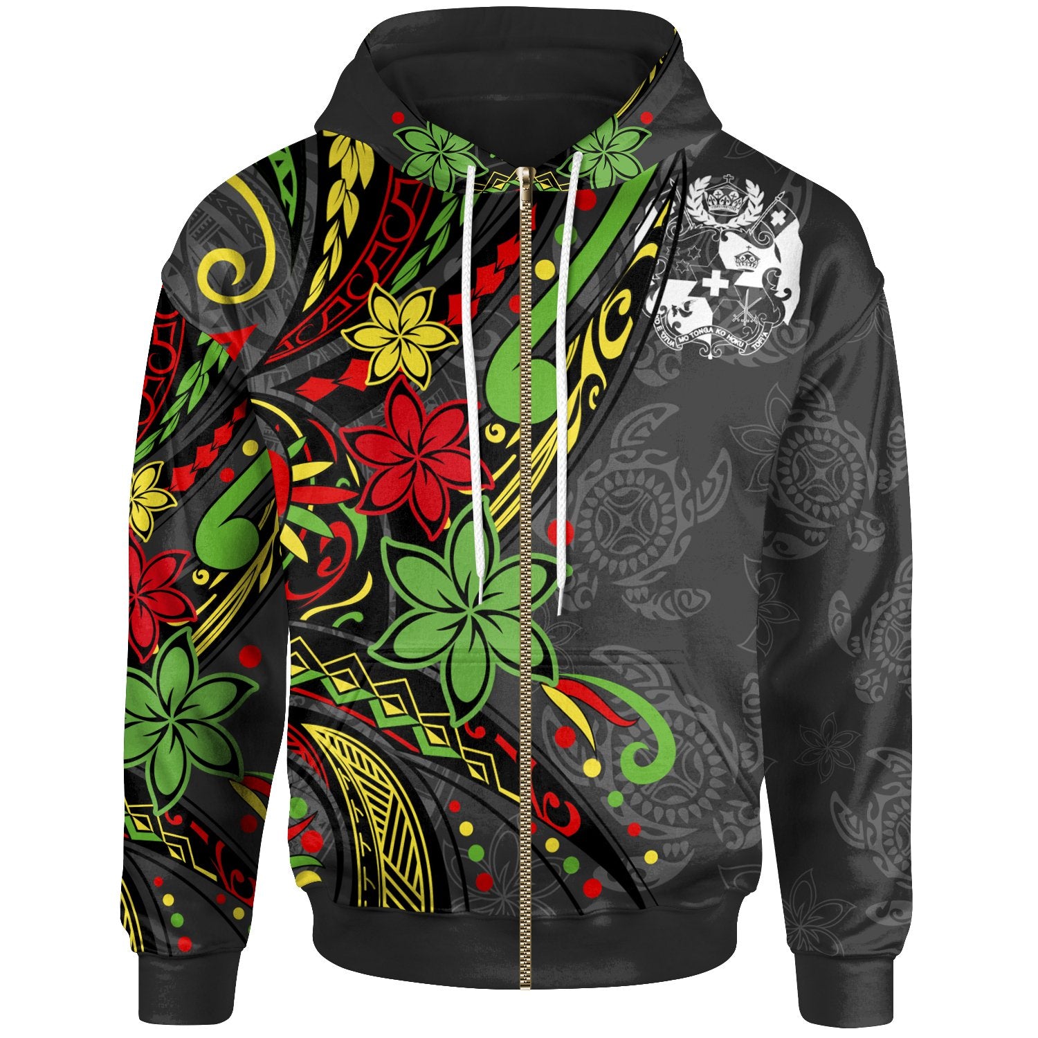 Tonga Zip up Hoodie Tribal Flower With Special Turtles Unisex Black - Polynesian Pride