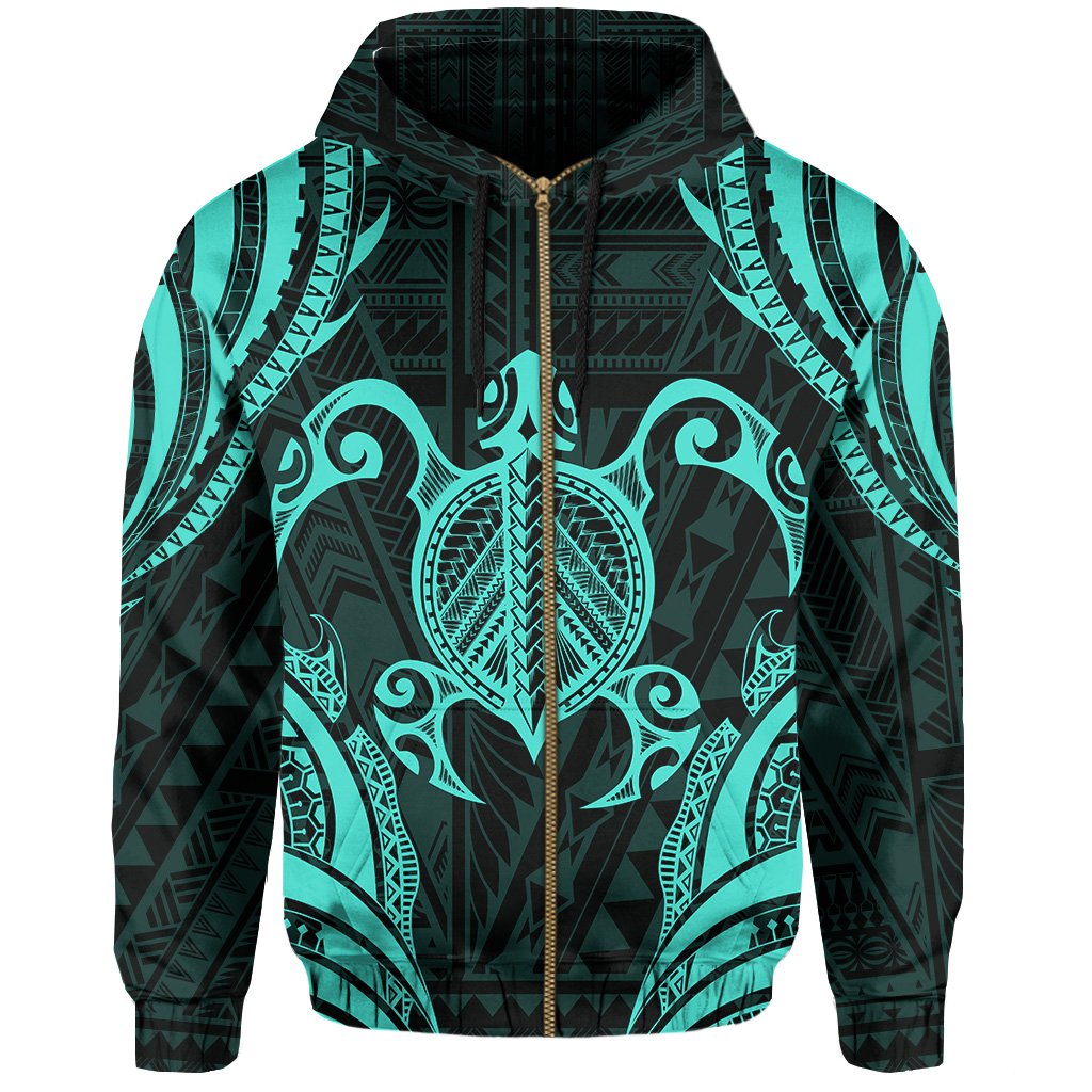 Polynesian Turtle Kanaka Maoli Hawaii Zip Hoodie Turquoise - Polynesian Pride