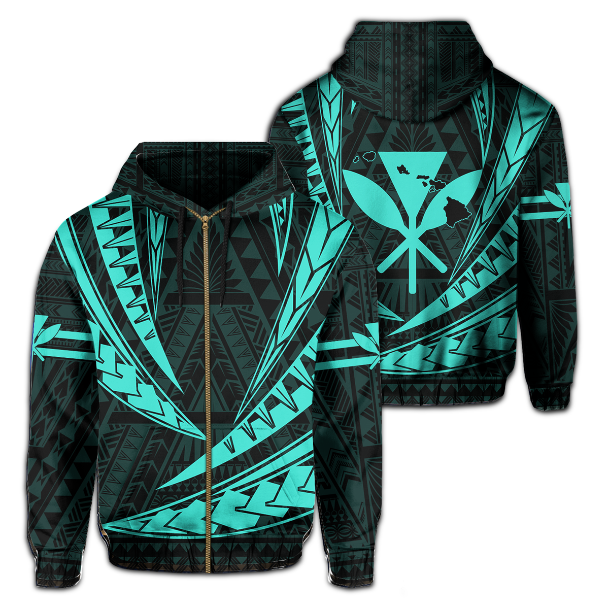 Polynesian Kakau Kanaka Maoli Map Hawaii Zip Hoodie Turquoise Unisex Blue - Polynesian Pride