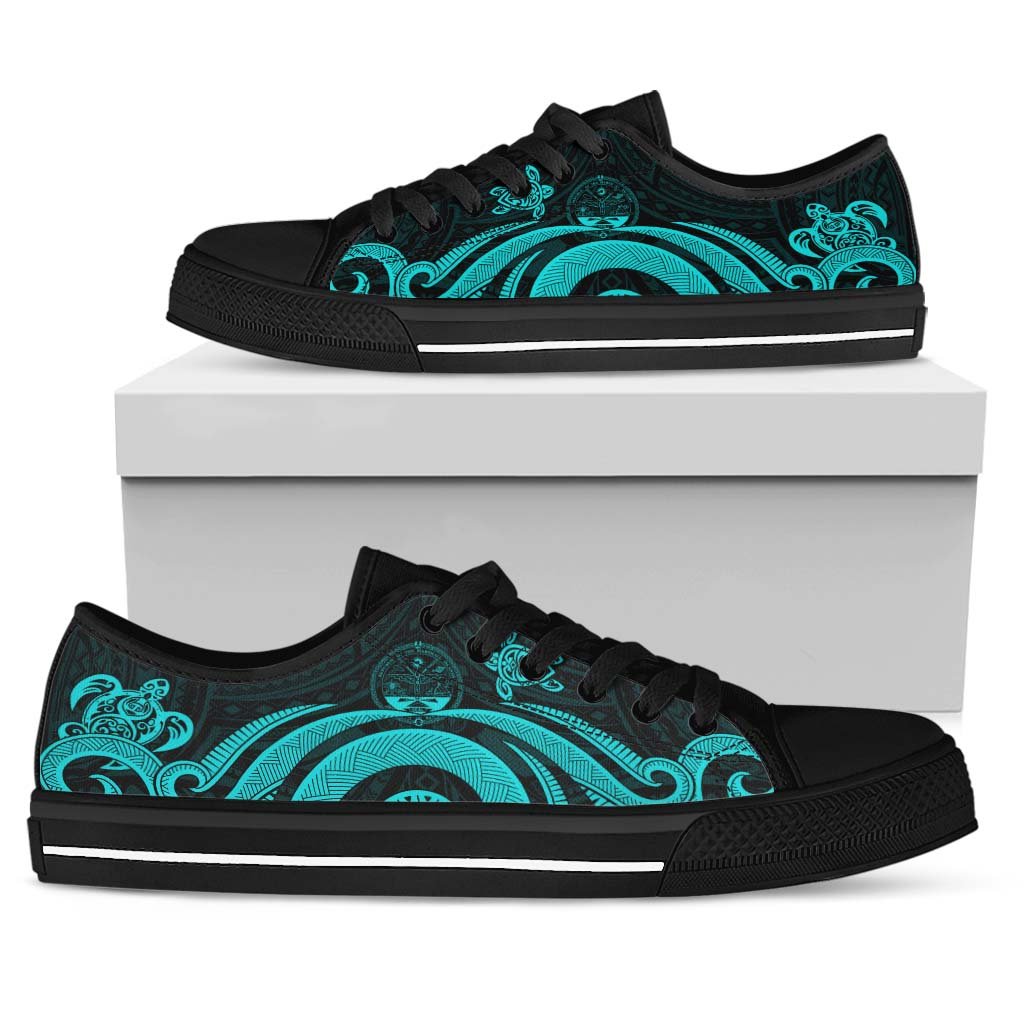 Marshall Islands Low Top Canvas Shoes - Turquoise Tentacle Turtle Crest White - Polynesian Pride