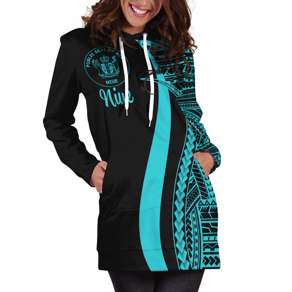 Niue Women's Hoodie Dress - Turquoise Polynesian Tentacle Tribal Pattern - Polynesian Pride