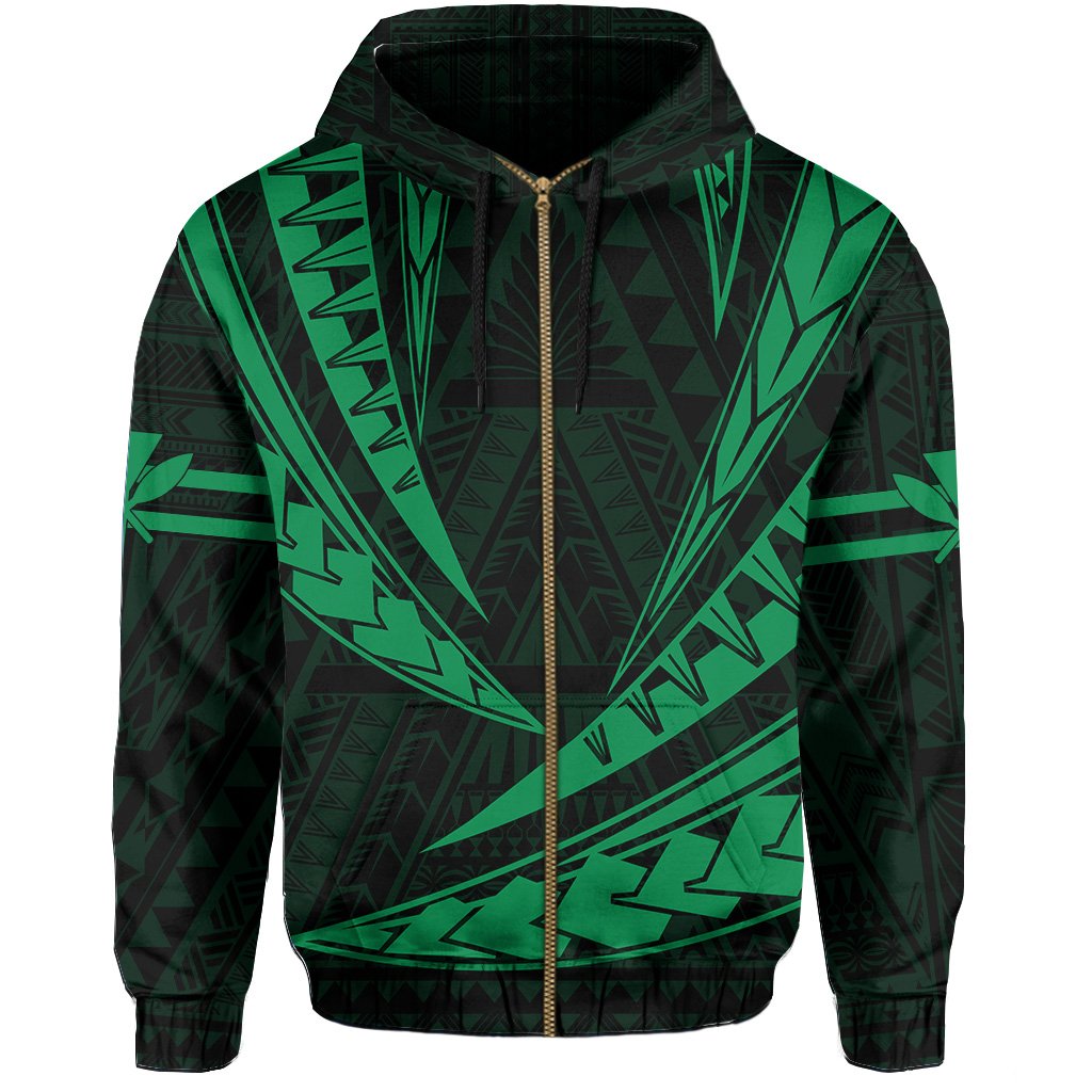 Polynesian Kakau Kanaka Maoli Map Hawaii Zip Hoodie Green - Polynesian Pride