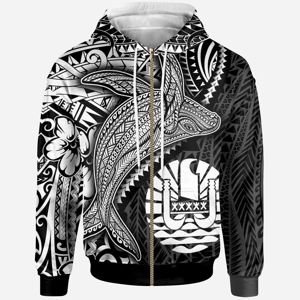 Tahiti Zip up Hoodie Humpback Whale & Coat of Arms White Unisex White - Polynesian Pride