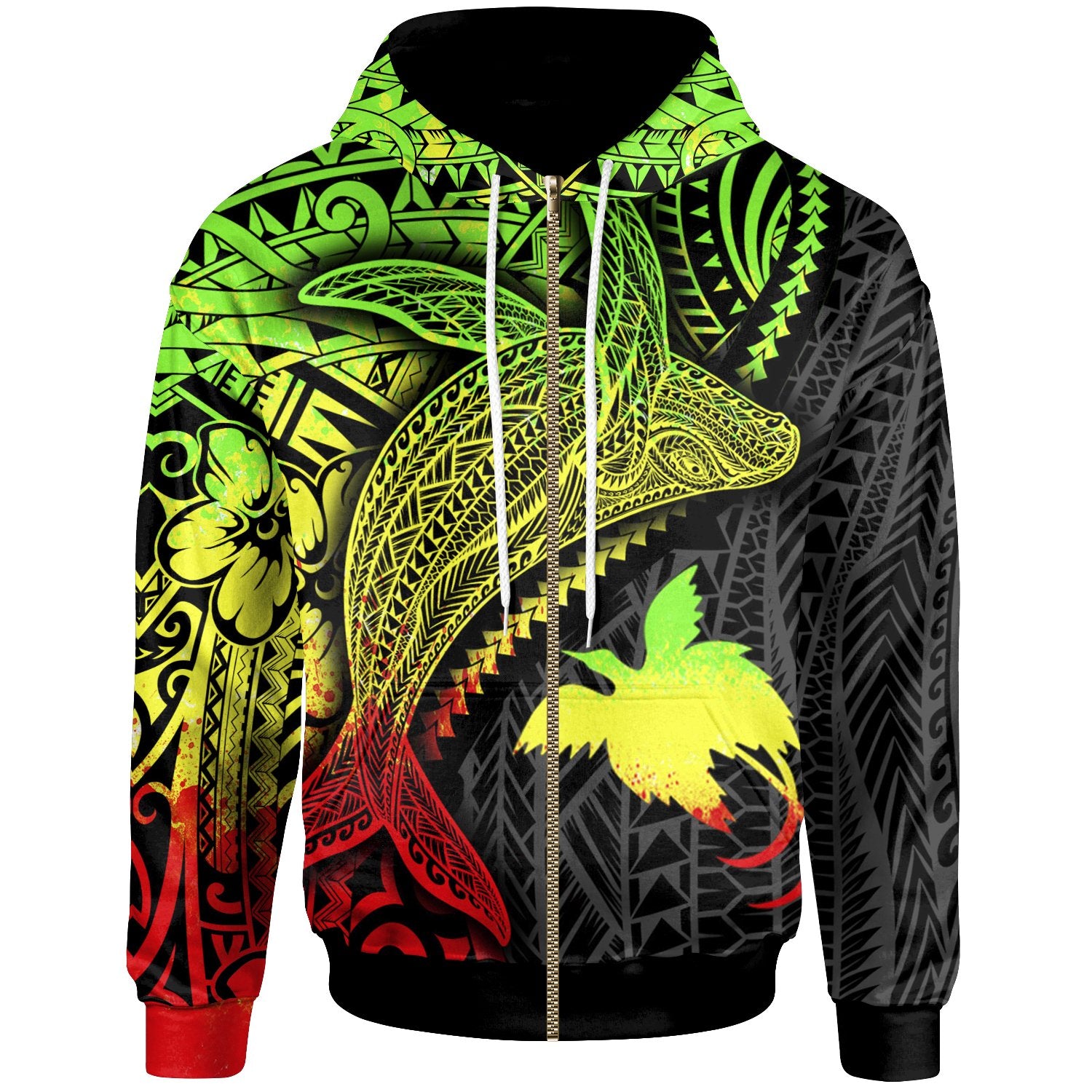 Papua New Guinea Zip up Hoodie Humpback Whale & Coat of Arms Reggae Unisex Reggae - Polynesian Pride