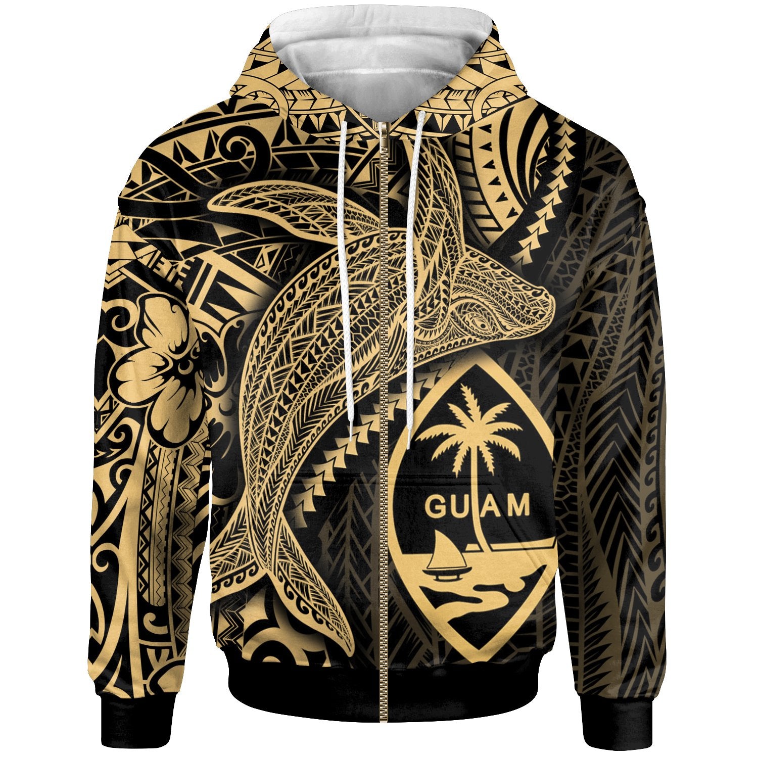 Guam Zip up Hoodie Humpback Whale & Coat of Arms Gold Unisex Gold - Polynesian Pride