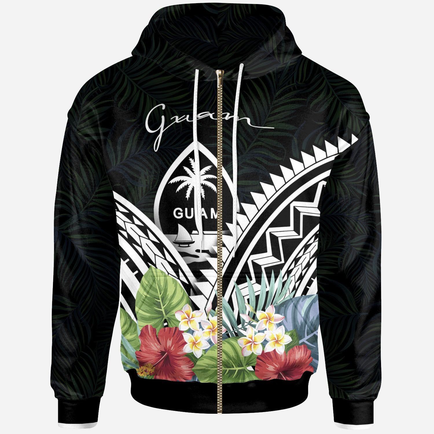 Guam Polynesian Zip up Hoodie Guam Coat of Arms & Polynesian Tropical Flowers White Unisex White - Polynesian Pride